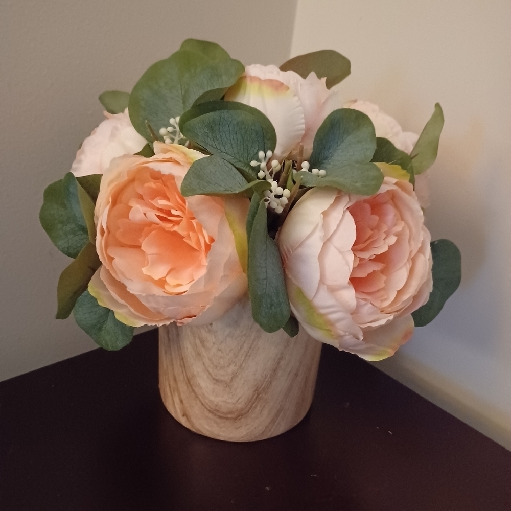 Peach Pink Green artificial floral arrangement handmade by me 6 flower head gree